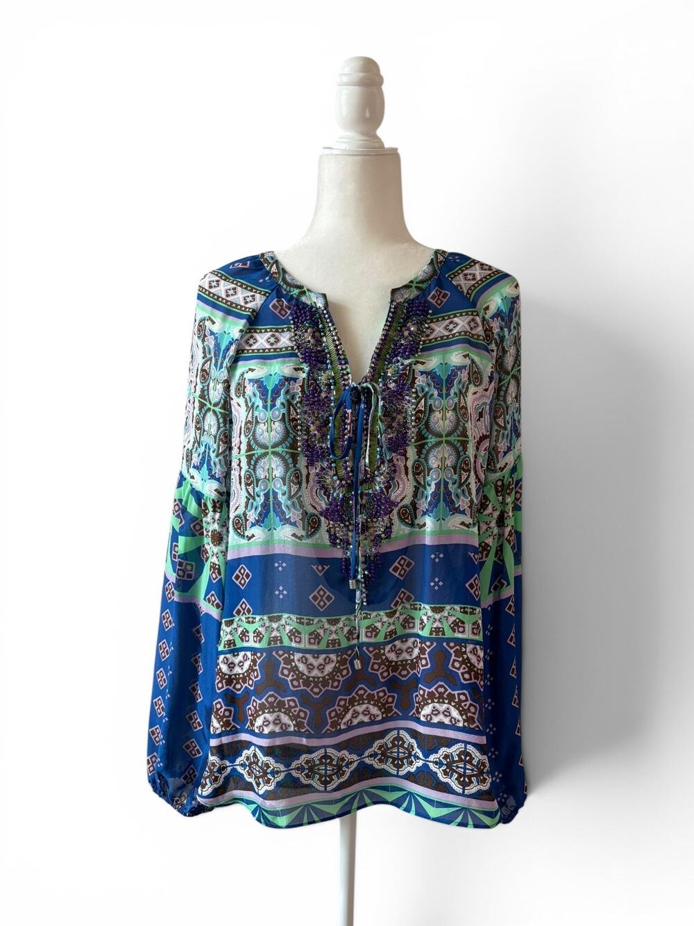 Hale Bob Silk Beaded Tunic Top Sz M Blue Green Boho Print Blouse Long Sleeve